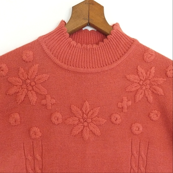 Vintage 90's Grandma Embroidered Cottagecore Turtle Neck Sweater Size M - Picture 2 of 10